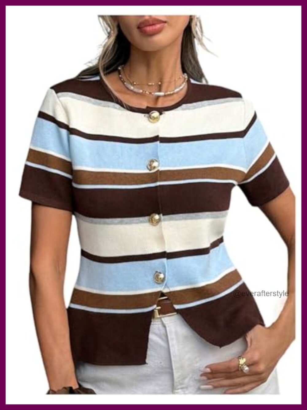 Color Block Striped Short Sleeve Button Down Cardigan Sweater